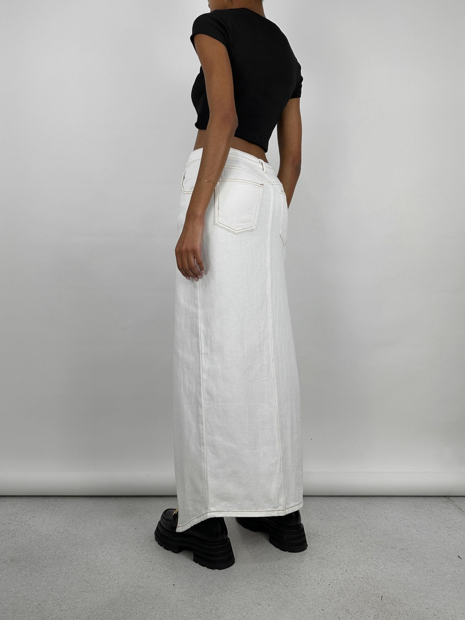 Slit Front Denim Midi Skirt - Vamp Official