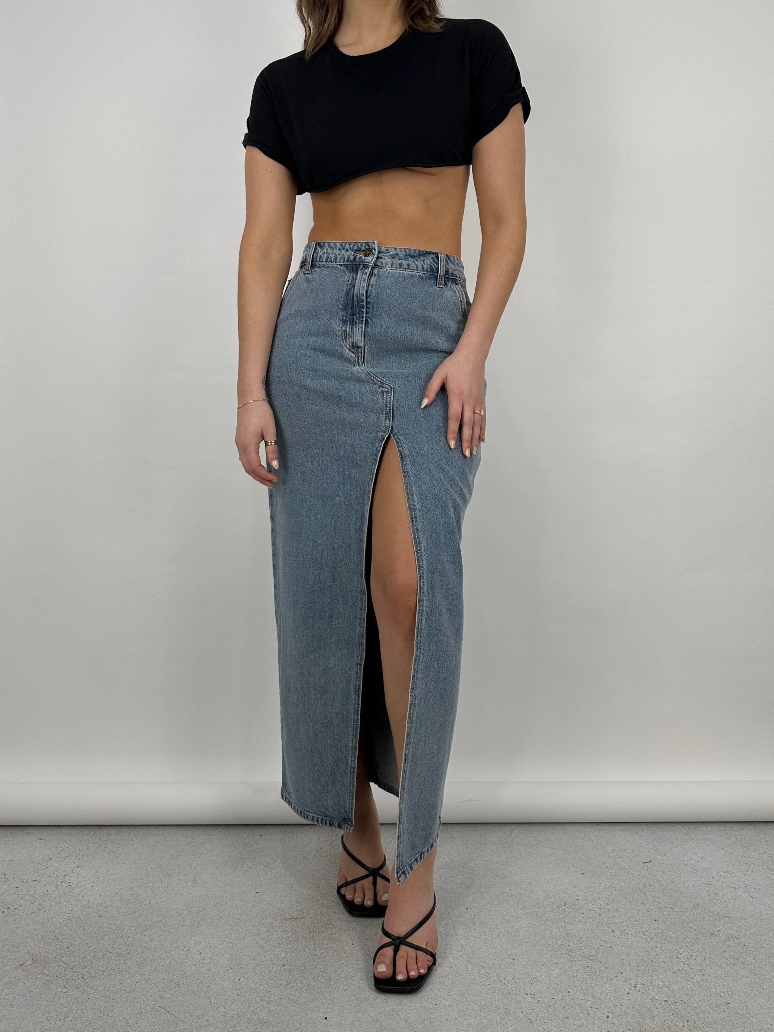 Slit Front Denim Midi Skirt - Vamp Official