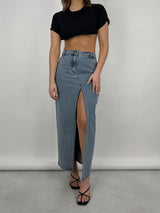 Slit Front Denim Midi Skirt - Vamp Official
