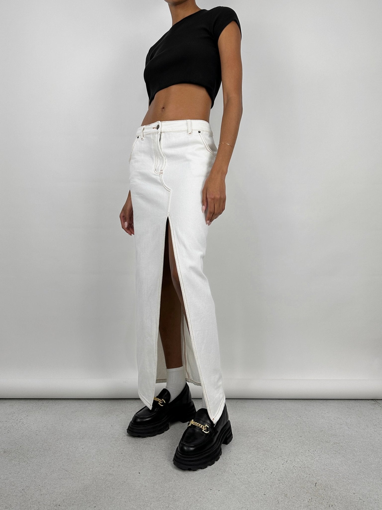 Slit Front Denim Midi Skirt - Vamp Official