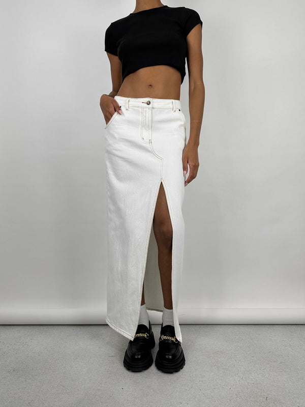 Slit Front Denim Midi Skirt - Vamp Official