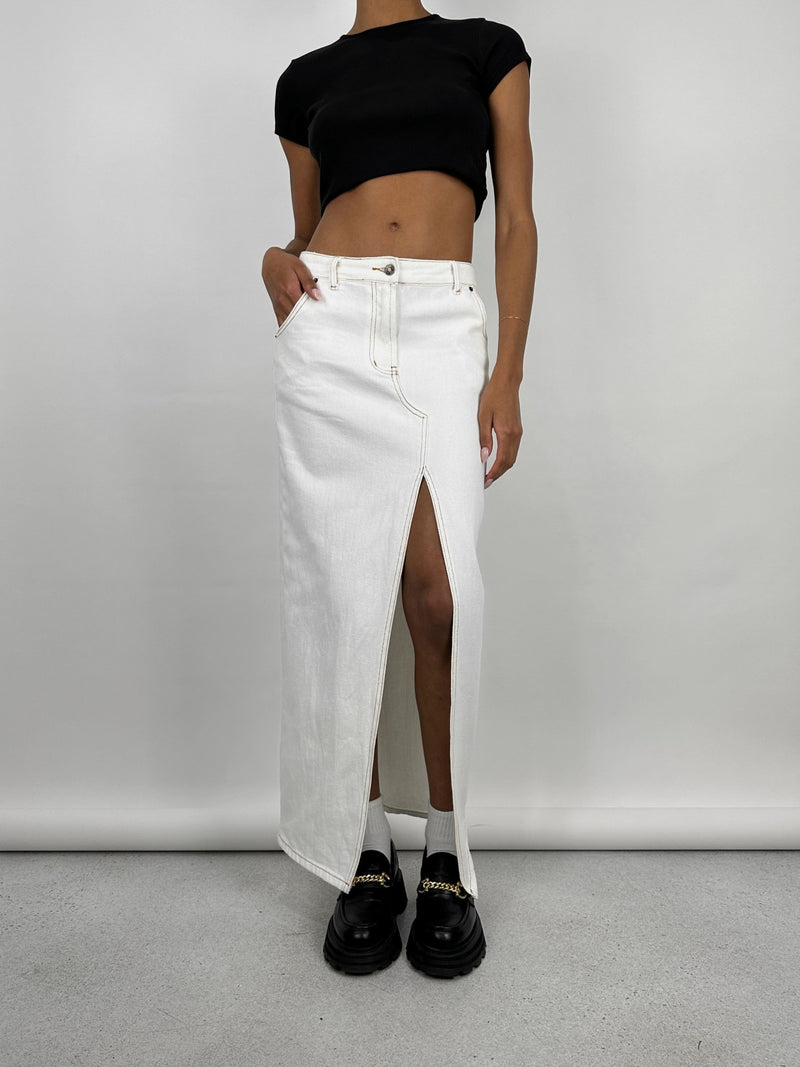 Slit Front Denim Midi Skirt - Vamp Official