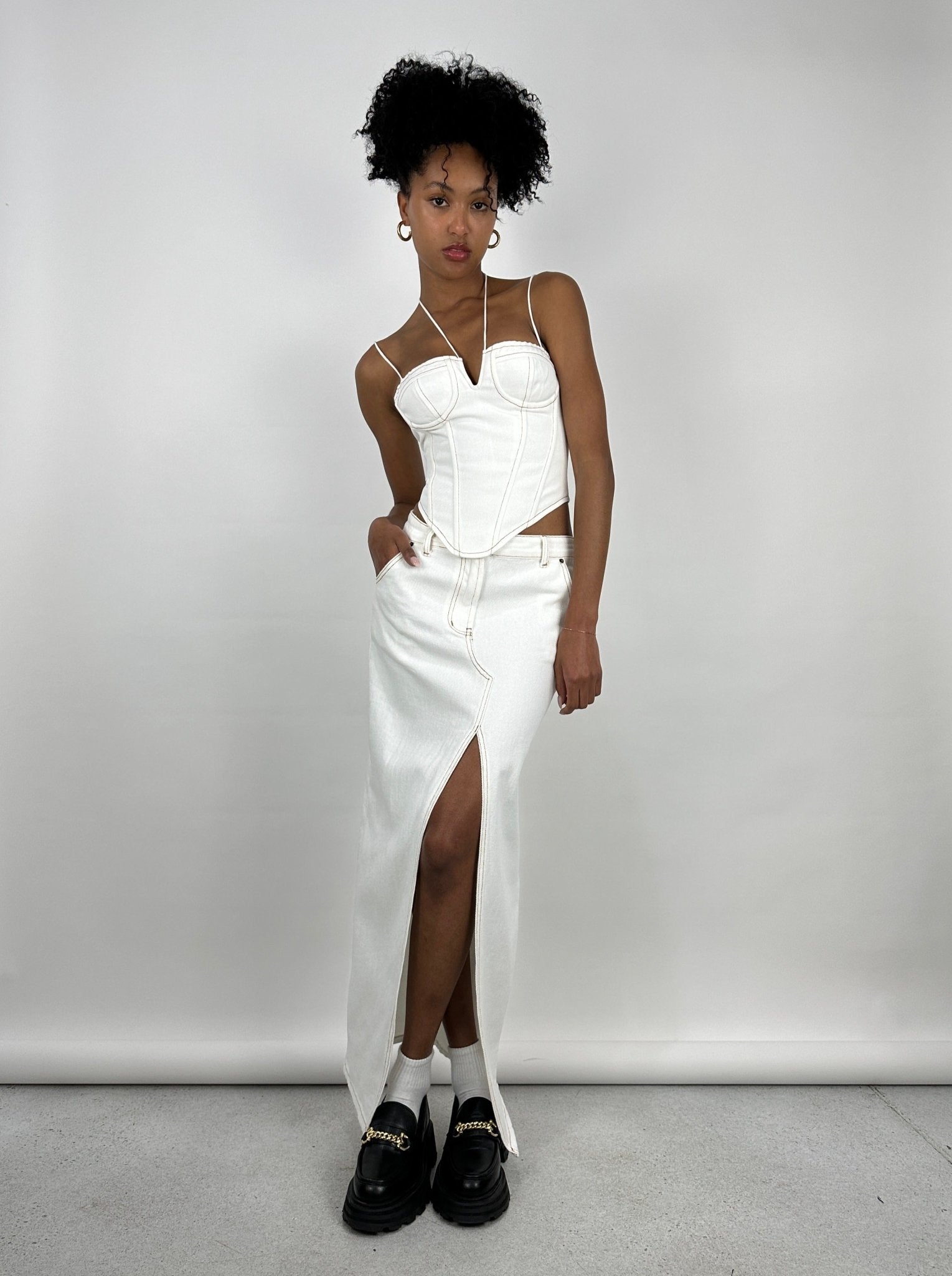 Slit Front Denim Midi Skirt - Vamp Official