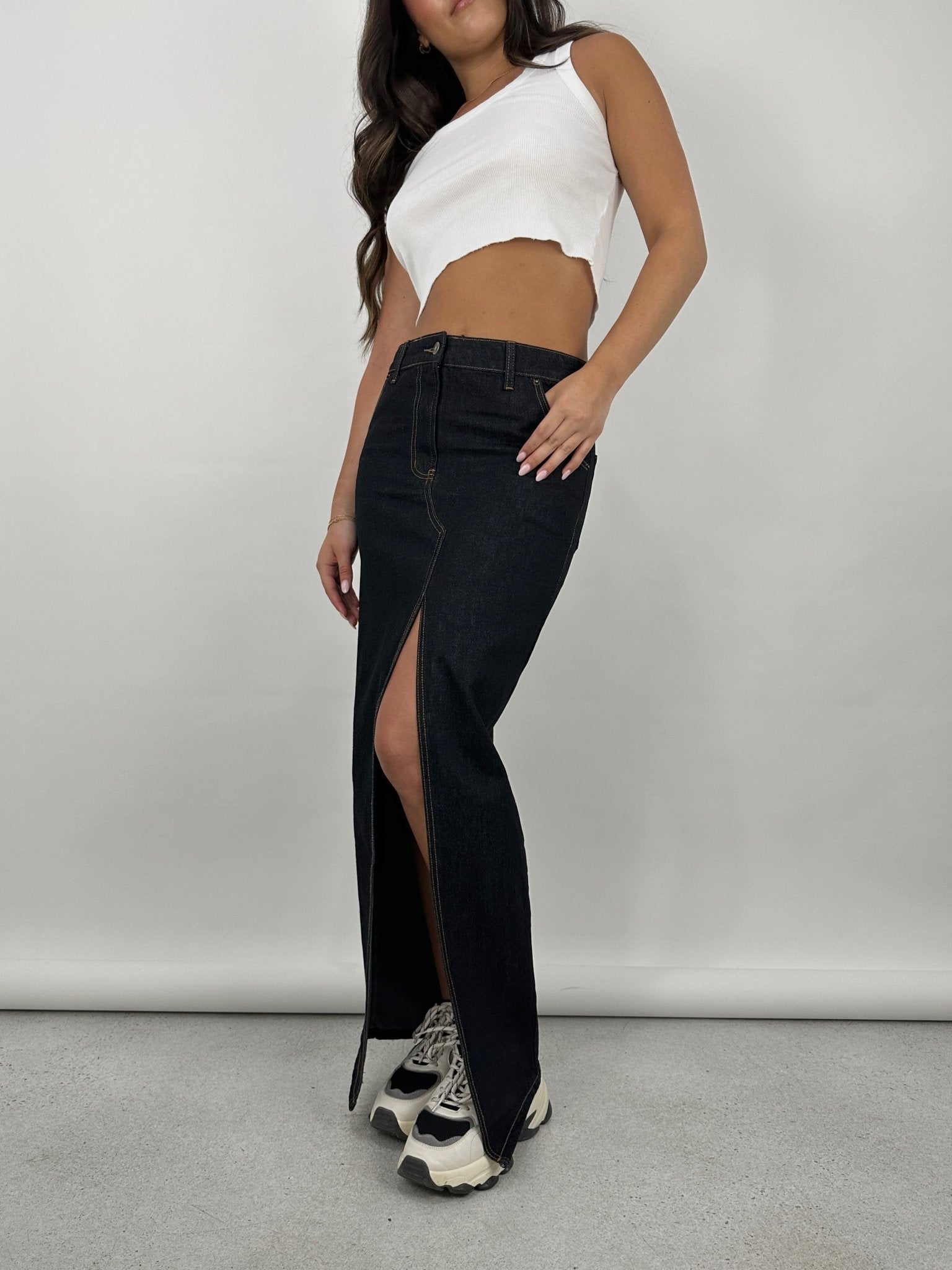 Slit Front Denim Midi Skirt - Vamp Official
