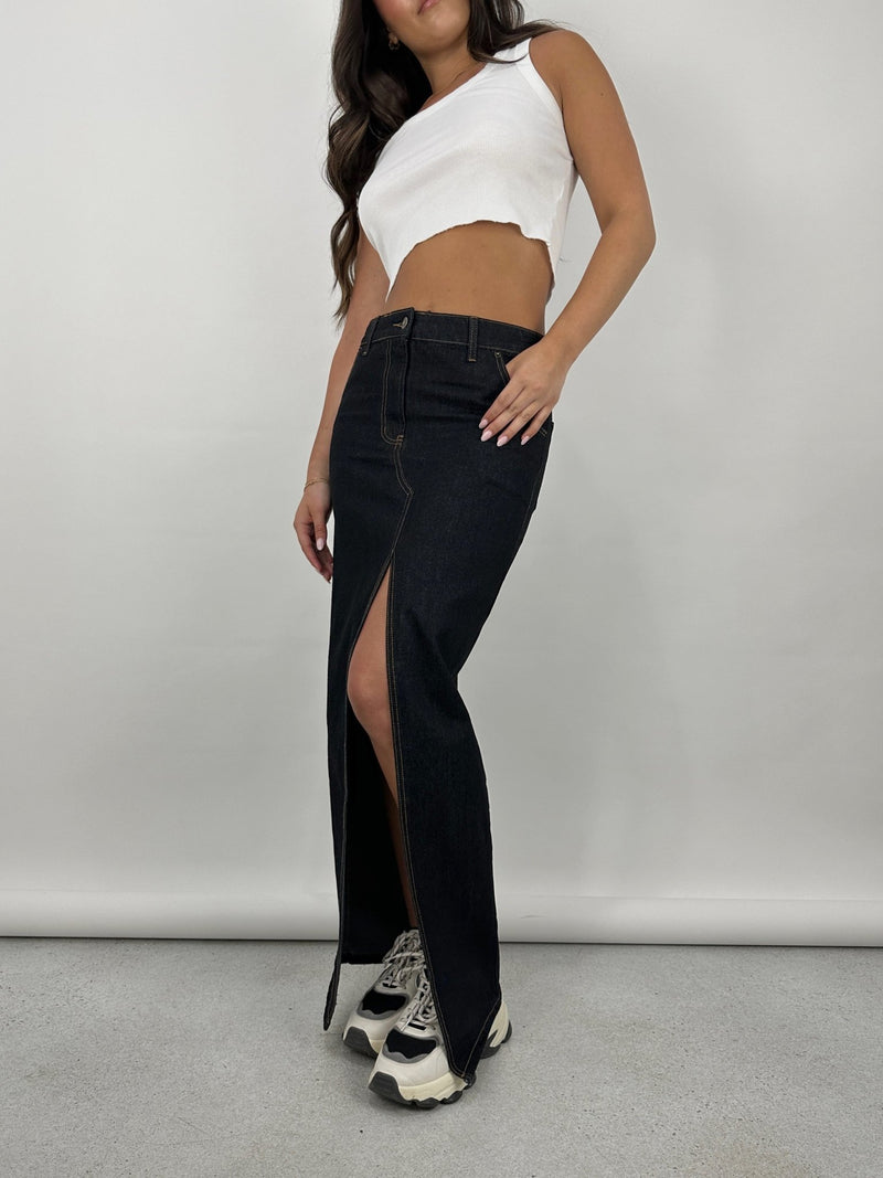 Slit Front Denim Midi Skirt - Vamp Official