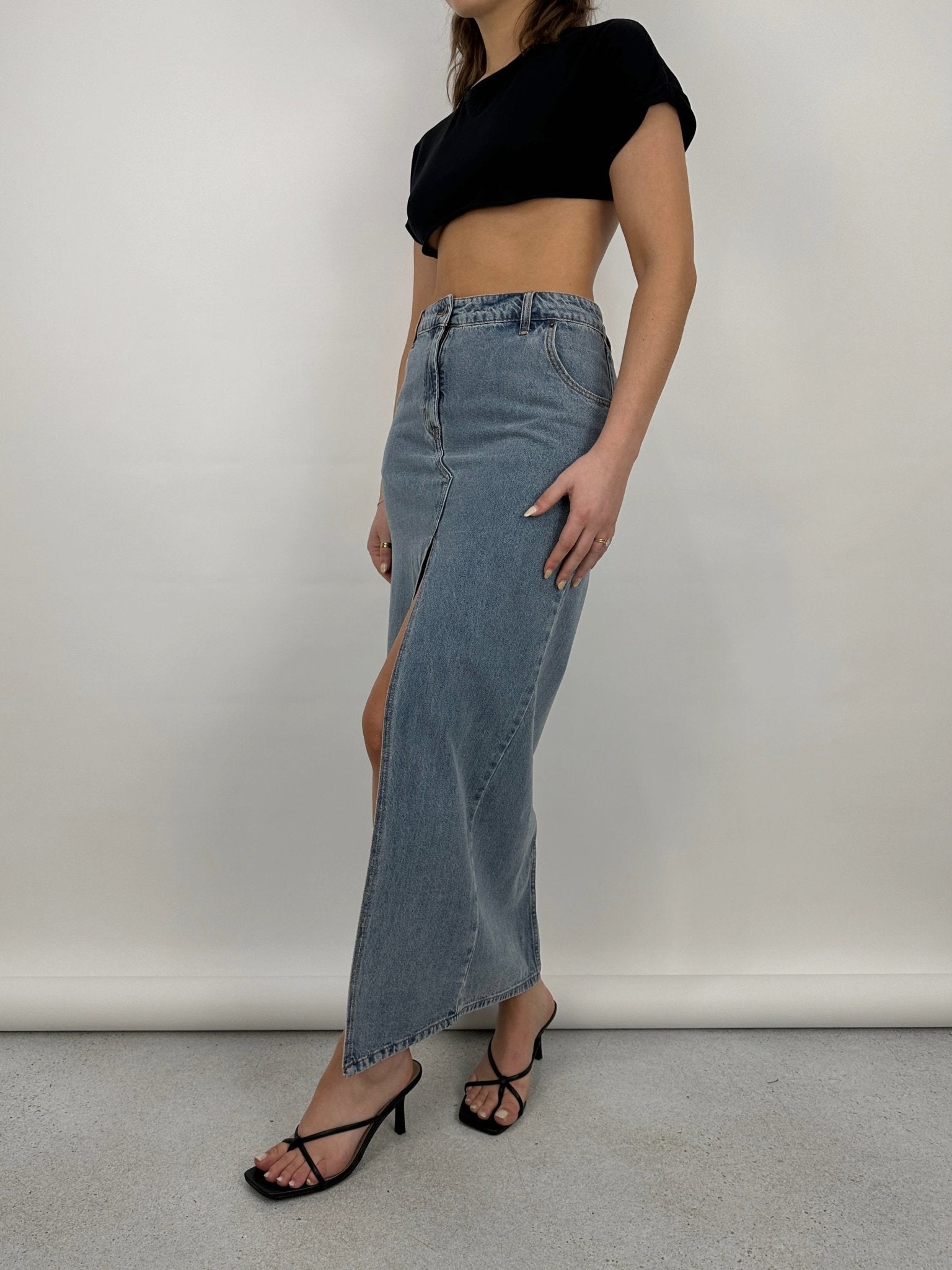 Slit Front Denim Midi Skirt - Vamp Official