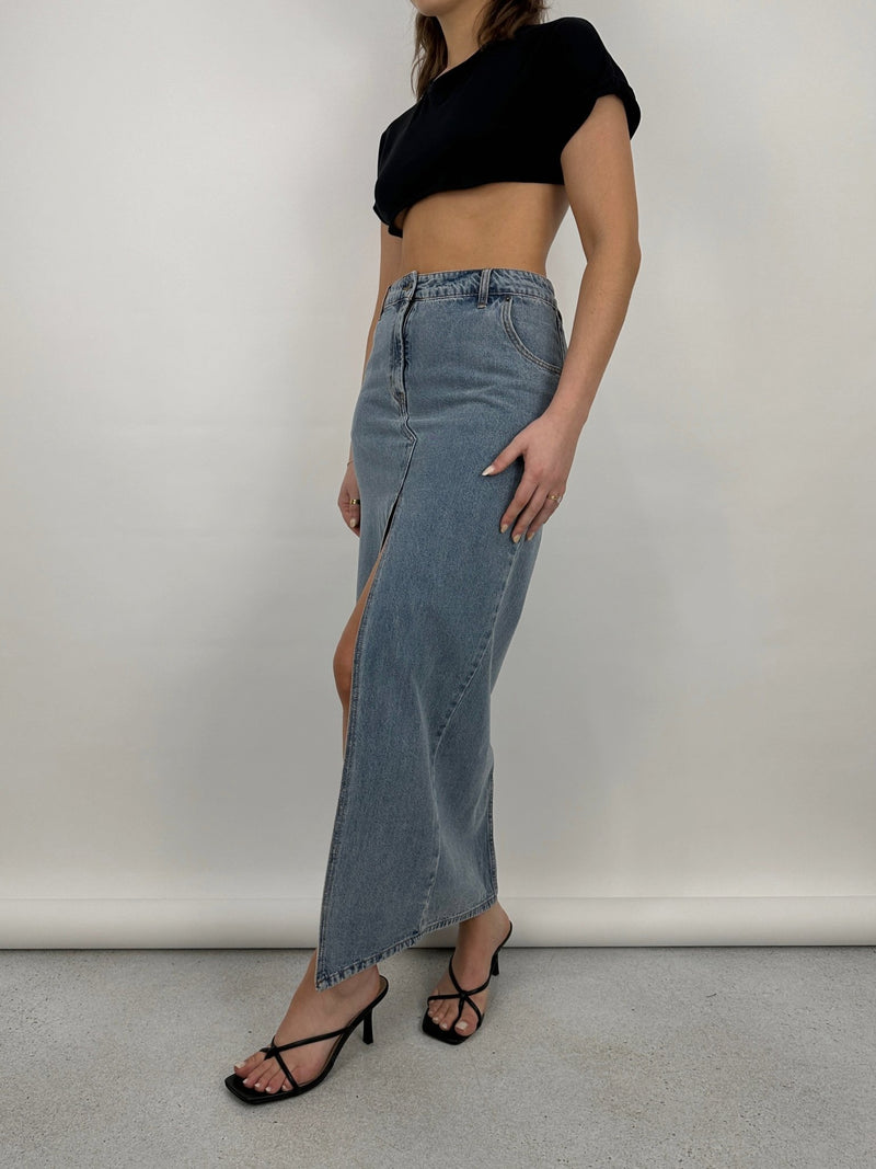 Slit Front Denim Midi Skirt - Vamp Official