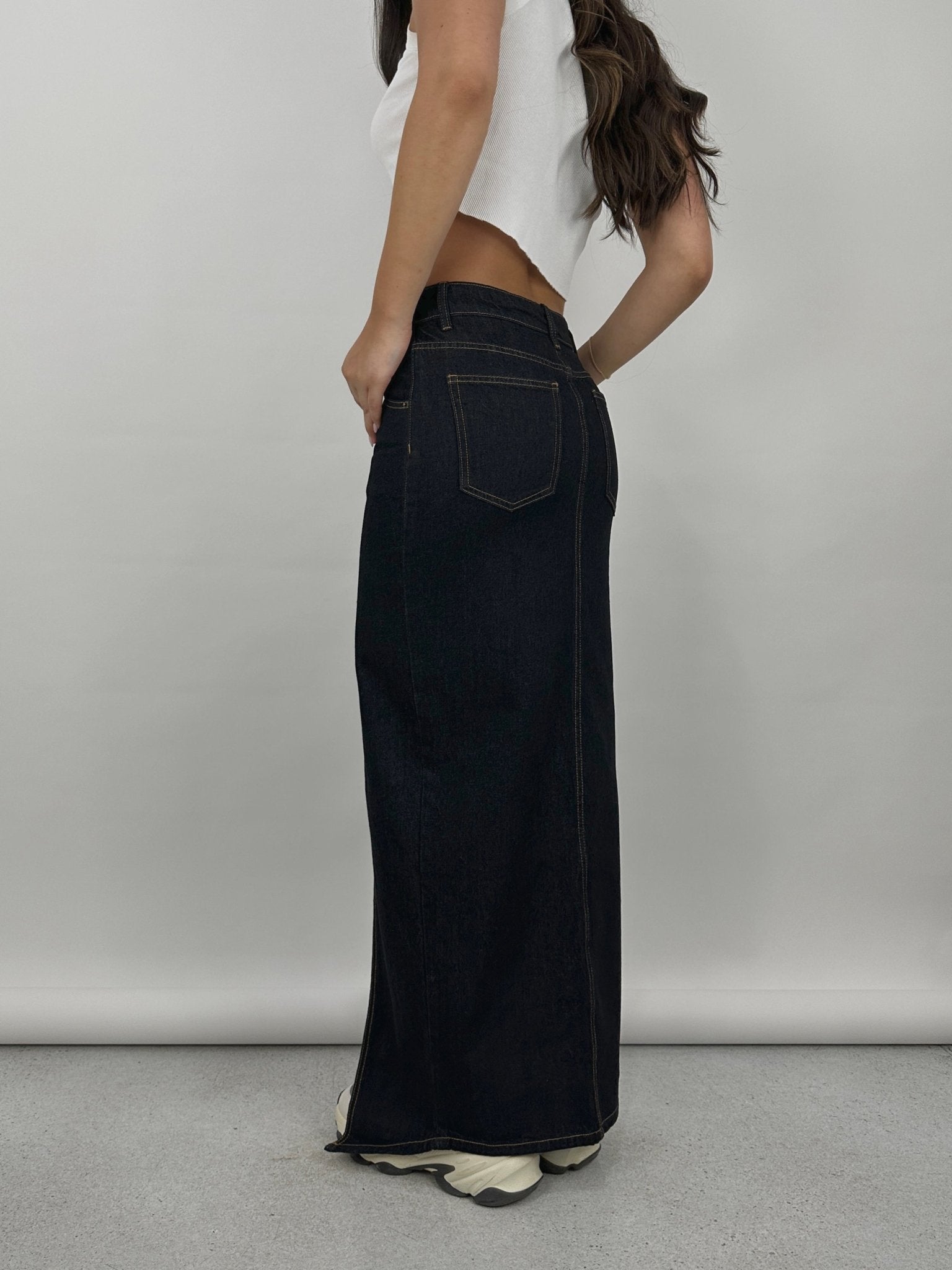 Slit Front Denim Midi Skirt - Vamp Official