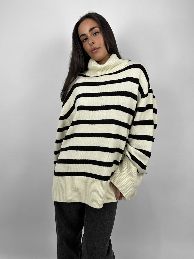 Striped Oversized Turtleneck Sweater - Vamp Official