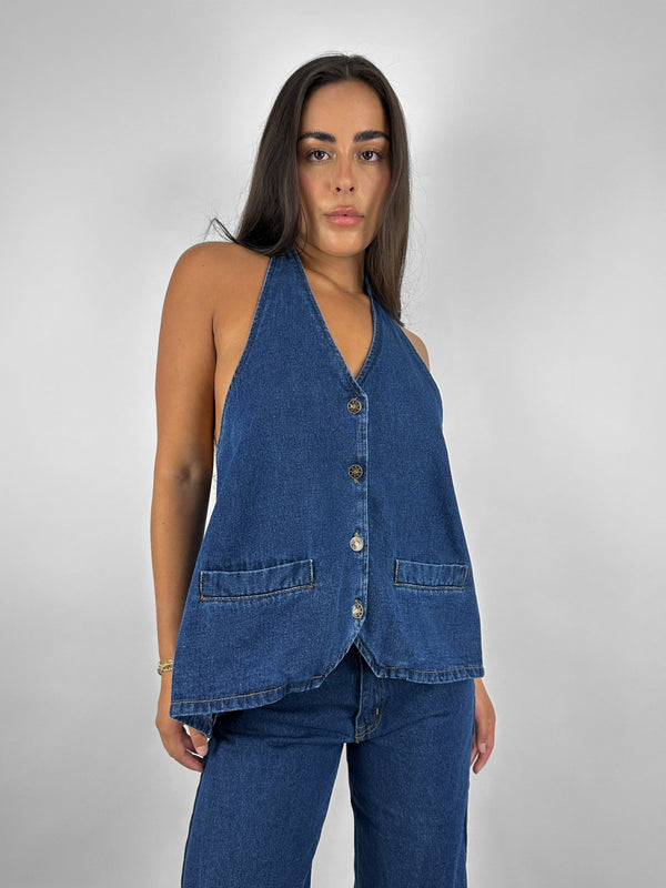 Tie Back Denim Halter Vest - Vamp Official