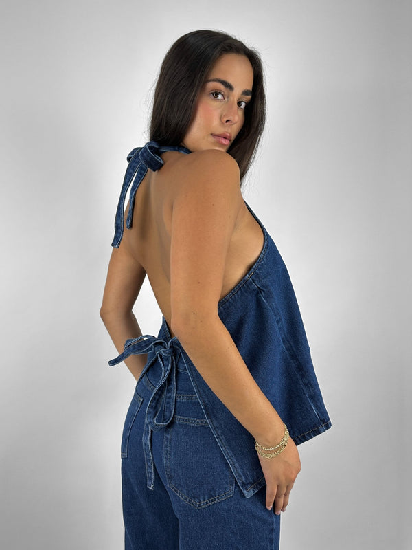 Tie Back Denim Halter Vest - Vamp Official