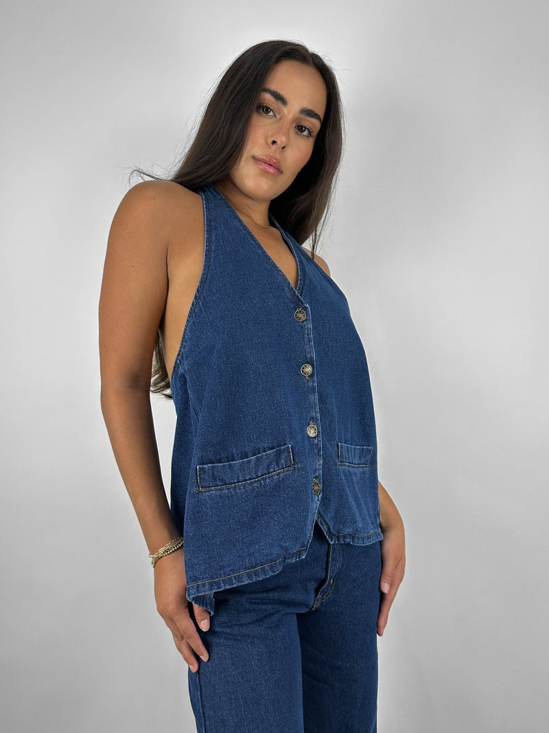 Tie Back Denim Halter Vest - Vamp Official