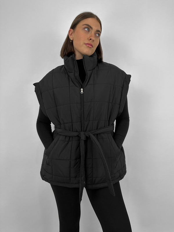 Tie Belt Quilted Puffer Vest - Vamp Official
