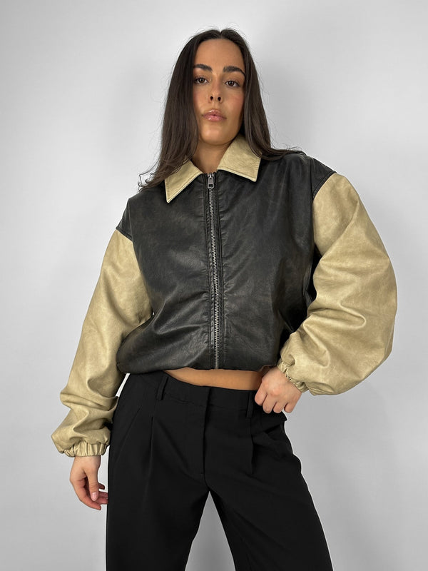 Two Tone Collared Bomber Jacket - Vamp Official
