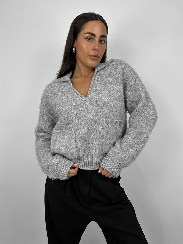 V Neck Pocket Detail Sweater - Vamp Official